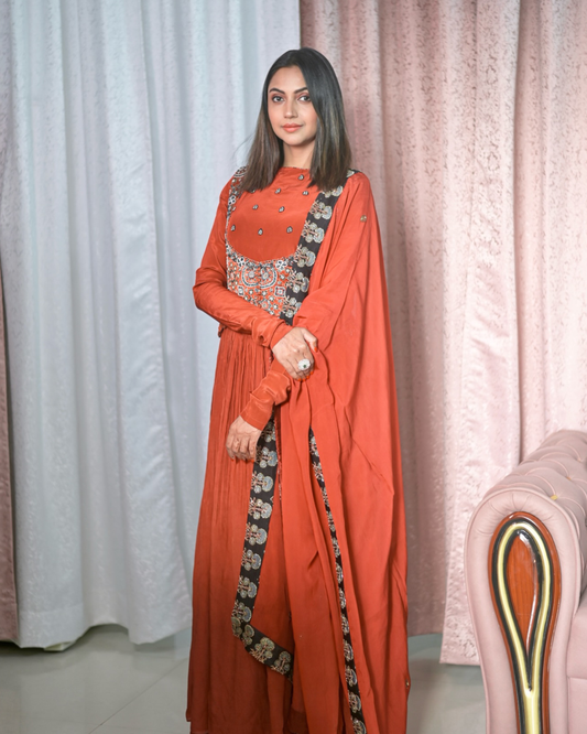 Falak Khan in Red Ajrakh Gathered Dress