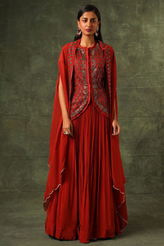 Red Ajrakh jacket with gathered skirt and cape dupatta