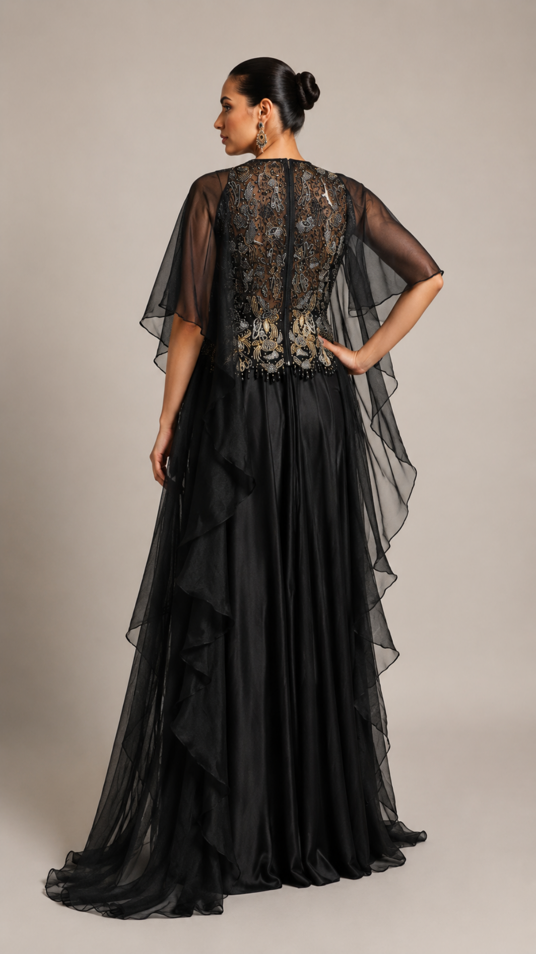 Midnight Noir Embellished Cape Gown