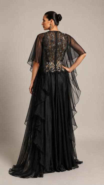 Midnight Noir Embellished Cape Gown