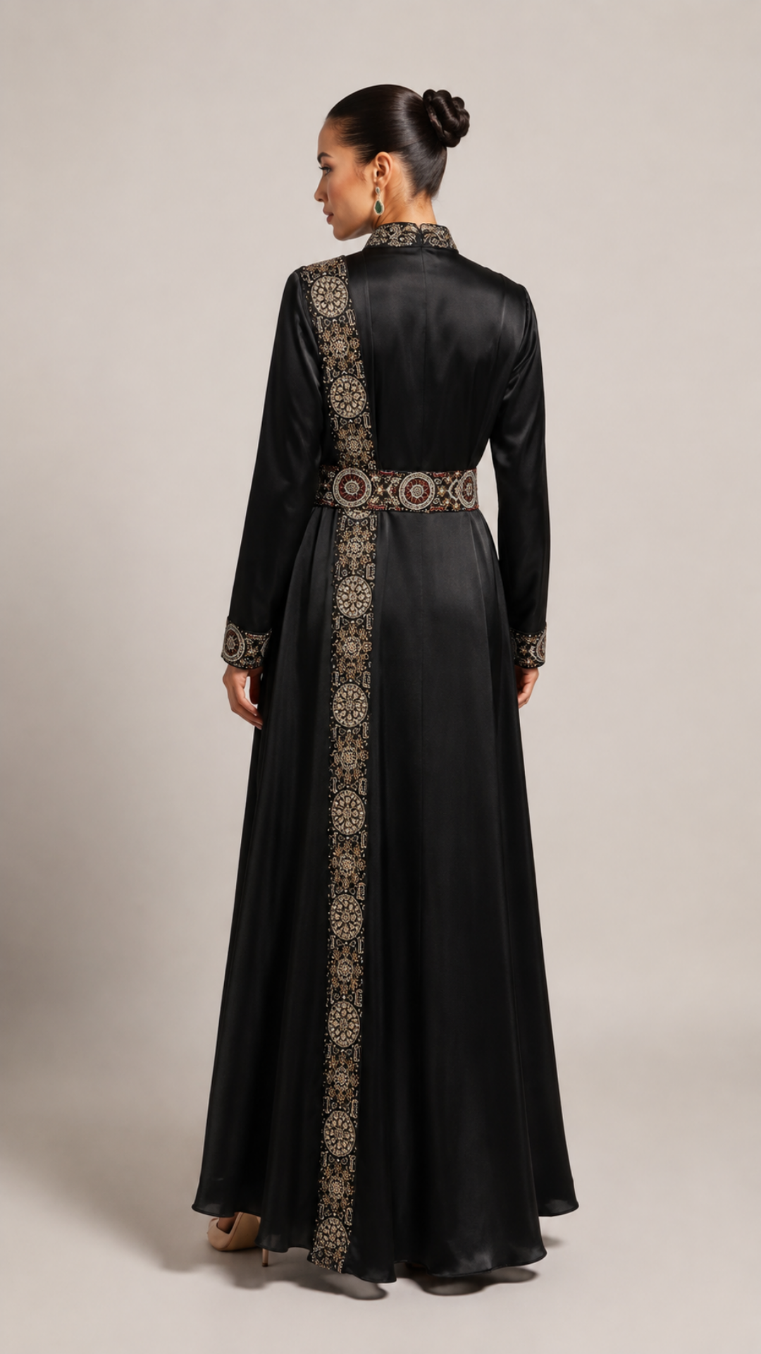 Black Embroidered Satin A-Line Maxi Dress