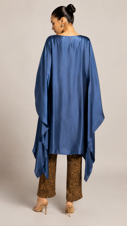 Steel Blue Embroidered Kaftan Kurta with Printed Straight Pants