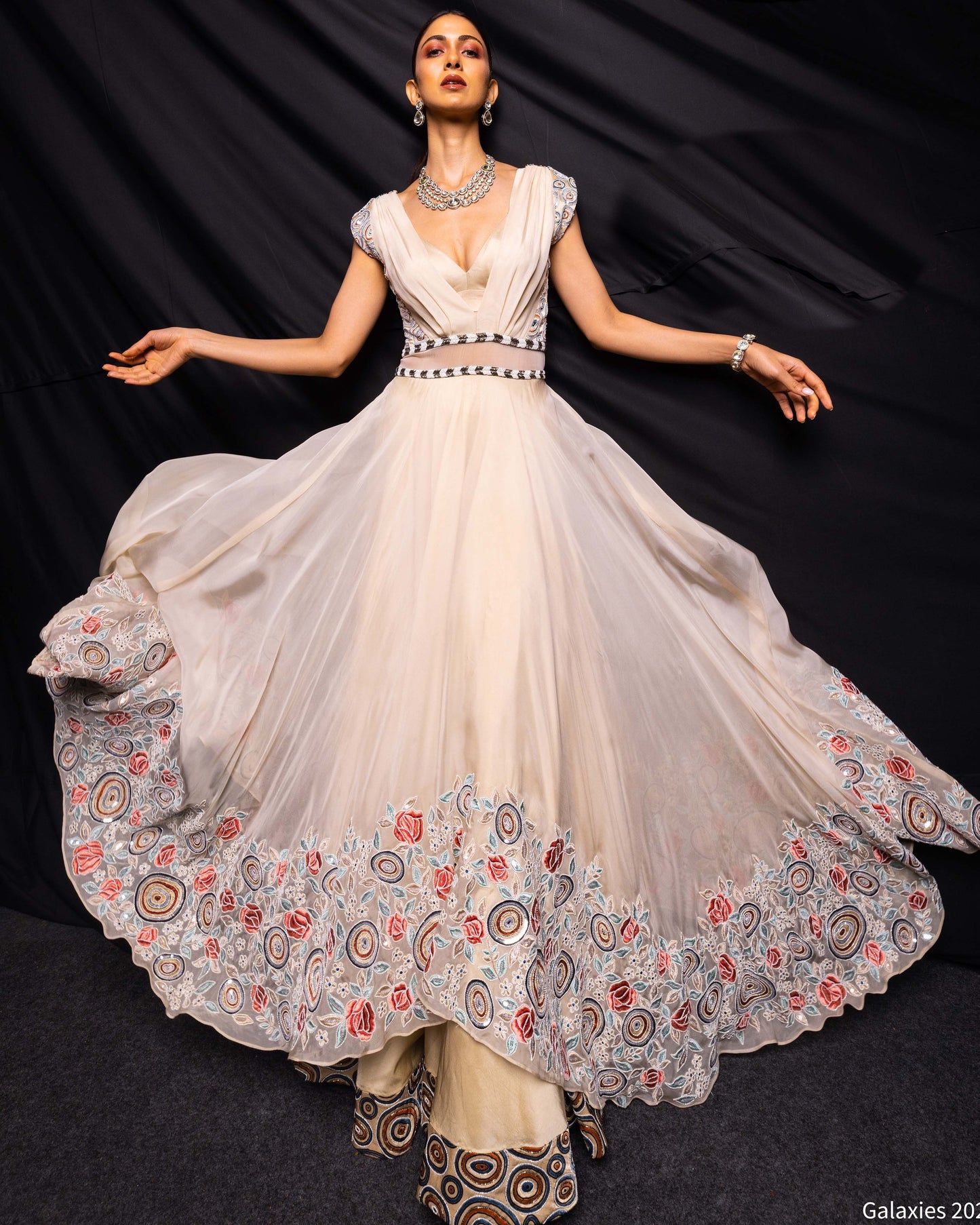 Cream Embroidered organza gown with bralette