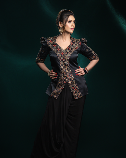Hrishitaa Bhatt in Black Ajrakh Embroidered Jacket with Drape Skirt