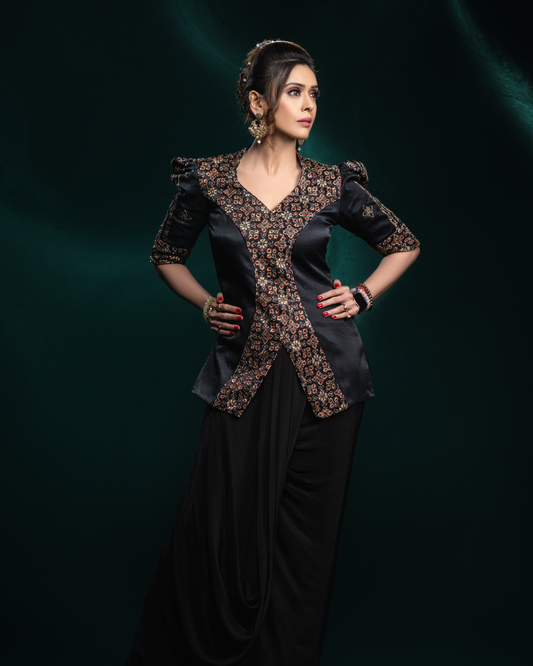 Hrishitaa Bhatt in Black Ajrakh Embroidered Jacket with Drape Skirt