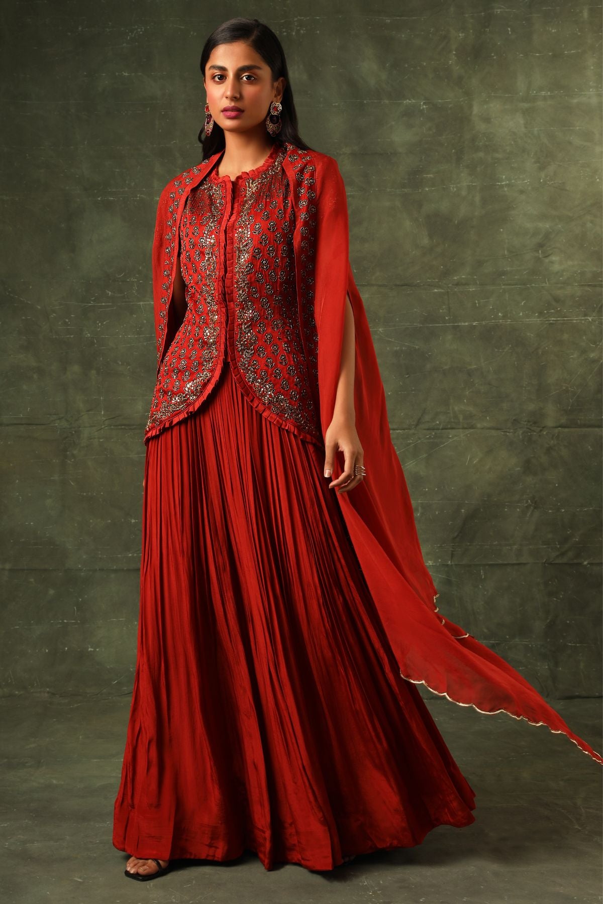Red Ajrakh jacket with gathered skirt and cape dupatta