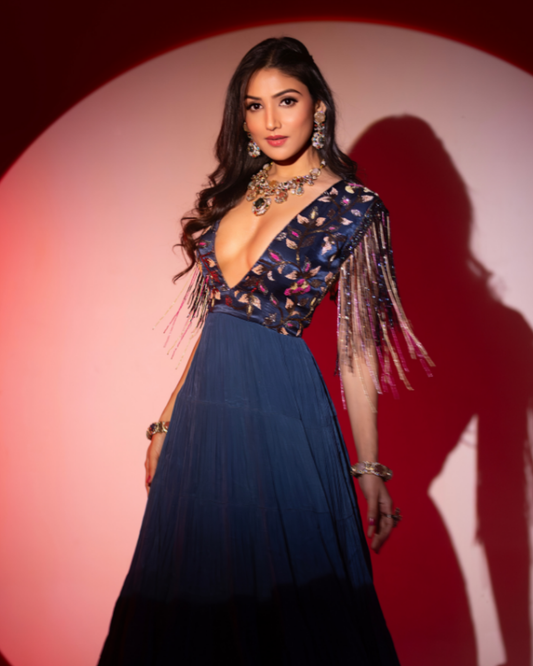 Donal Bisht is Blue Yoke Embellished Gown