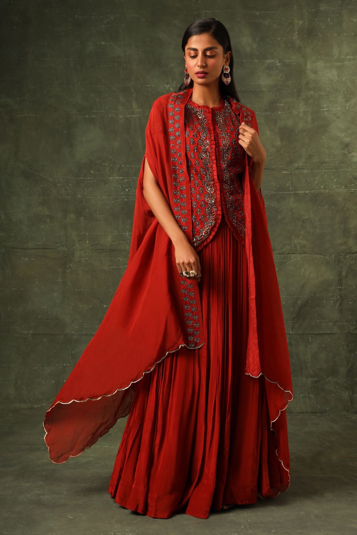 Red Ajrakh jacket with gathered skirt and cape dupatta