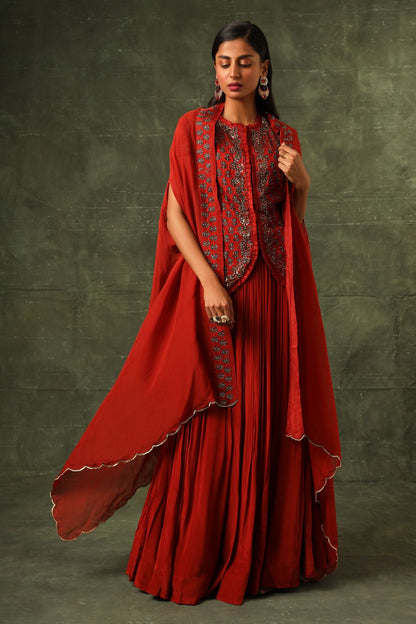 Red Ajrakh jacket with gathered skirt and cape dupatta