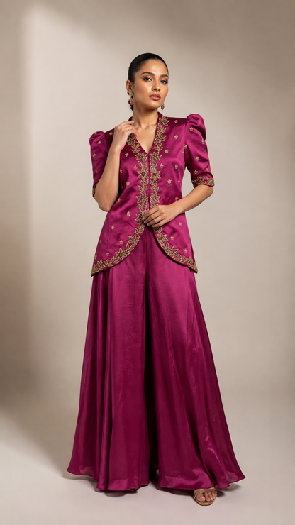 Magenta Embroidered Peplum Co-Ord Set