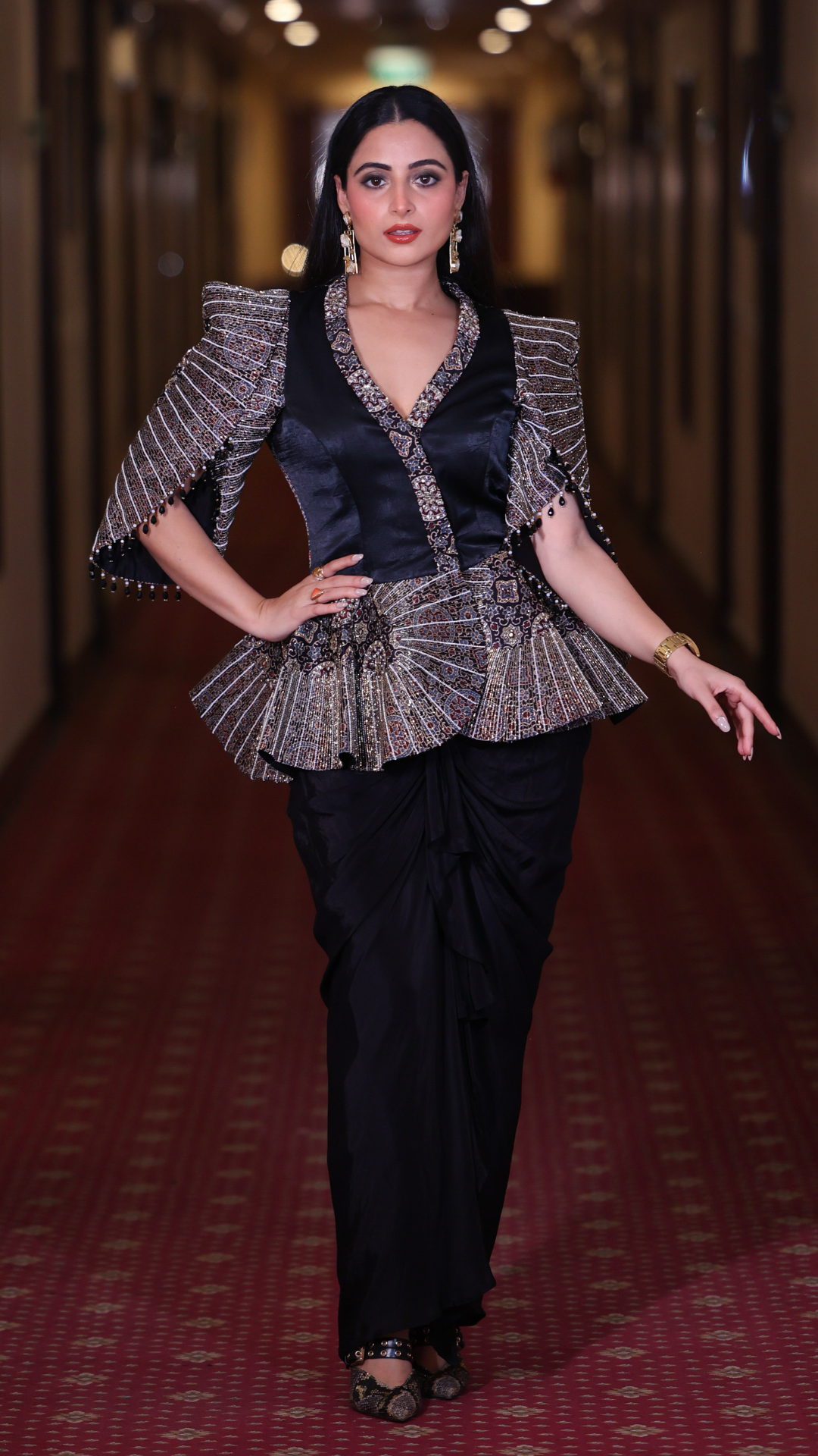 Aishwarya Sharma in Black Peplum Top with Drape Skirt