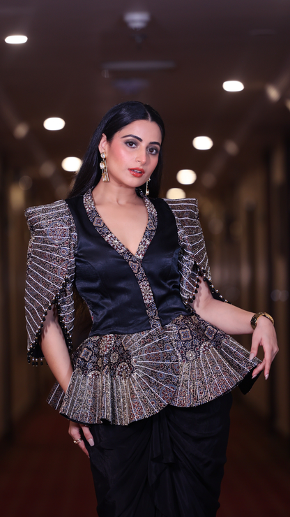Aishwarya Sharma in Black Peplum Top with Drape Skirt