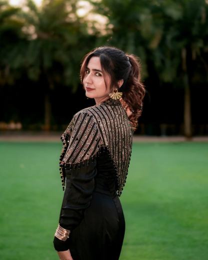 Akanksha Bhandari in Black Jumpsuit with Ajrakh Cape Jacket