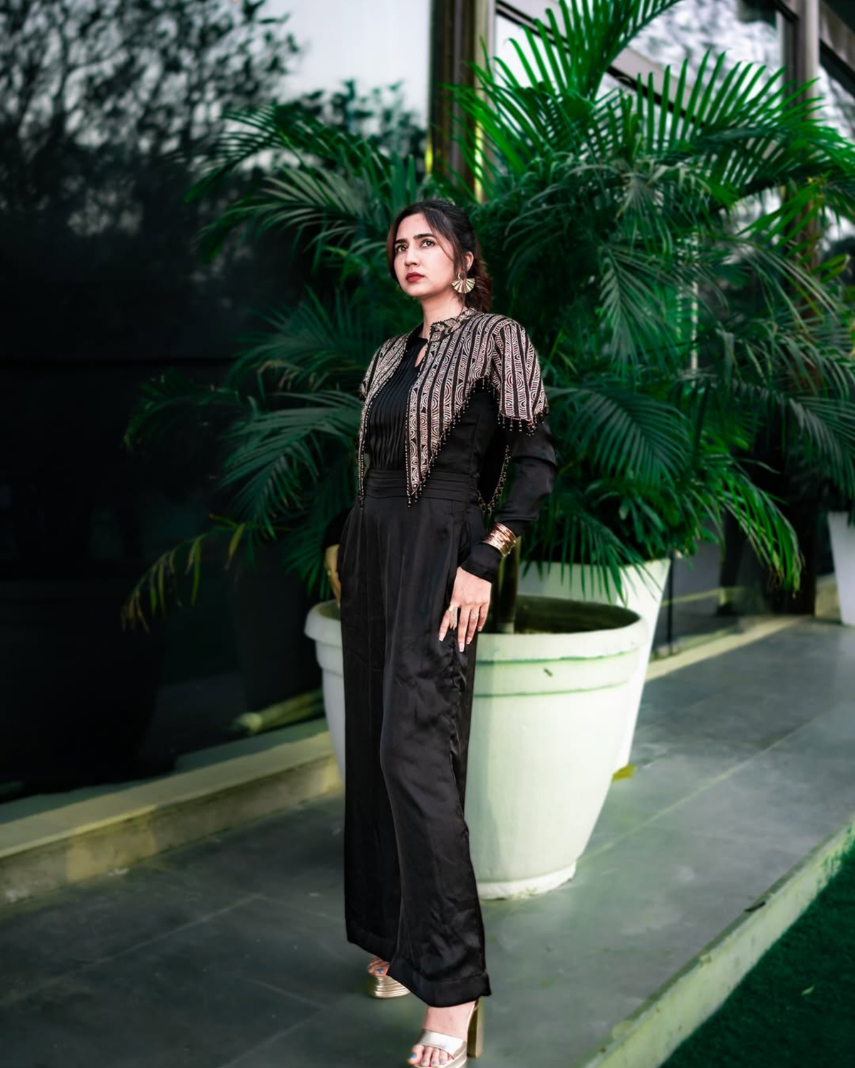 Akanksha Bhandari in Black Jumpsuit with Ajrakh Cape Jacket