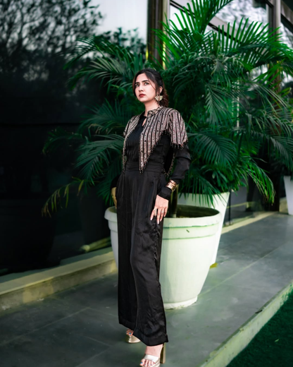 Akanksha Bhandari in Black Jumpsuit with Ajrakh Cape Jacket