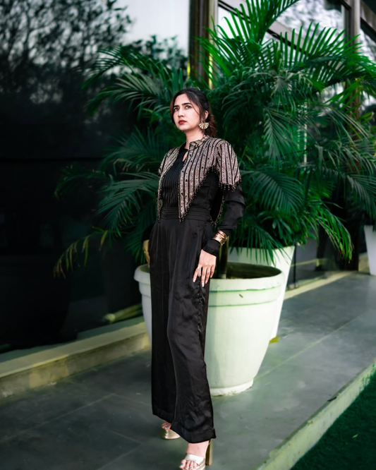 Akanksha Bhandari in Black Jumpsuit with Ajrakh Cape Jacket
