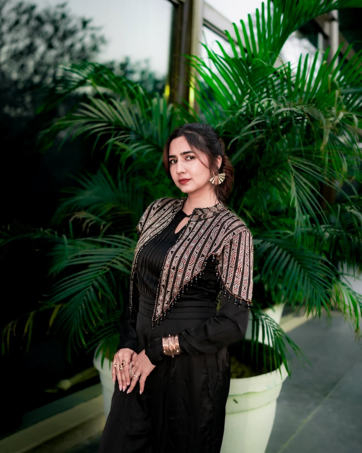 Akanksha Bhandari in Black Jumpsuit with Ajrakh Cape Jacket