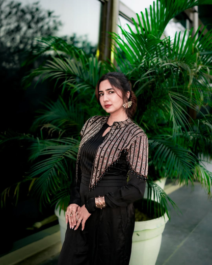 Akanksha Bhandari in Black Jumpsuit with Ajrakh Cape Jacket