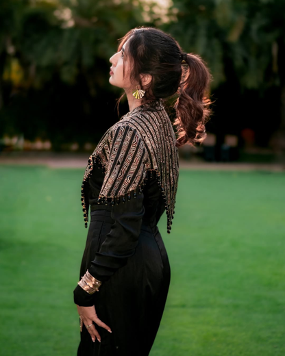 Akanksha Bhandari in Black Jumpsuit with Ajrakh Cape Jacket