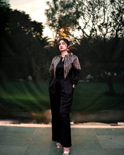 Akanksha Bhandari in Black Jumpsuit with Ajrakh Cape Jacket