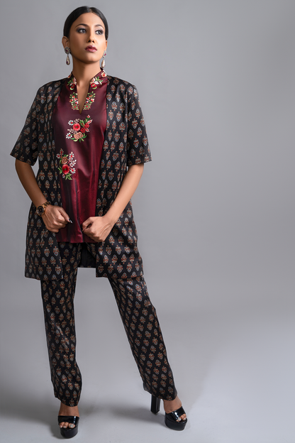 "Exquisite Ajrakh Pant Suit in Pure Modal Silk, Adorned with Nakshi and Zardosi Embroidery, Perfectly Paired with a Handcrafted Waistband."