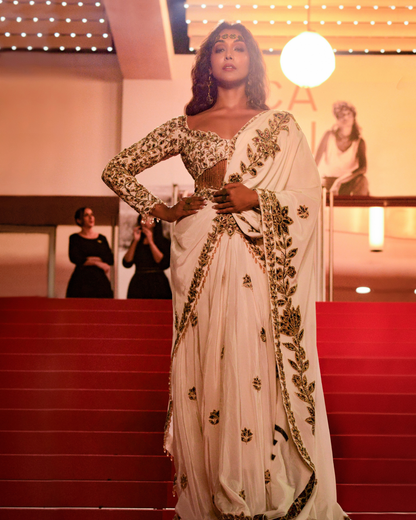 Anupriya Goenka in White Drape Saree with Corset Blouse