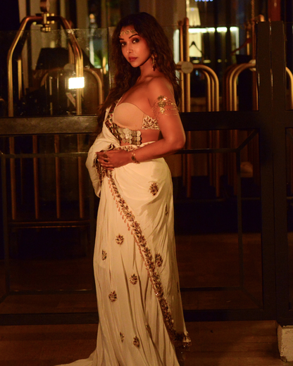 Anupriya Goenka in White Drape Saree with Corset Blouse