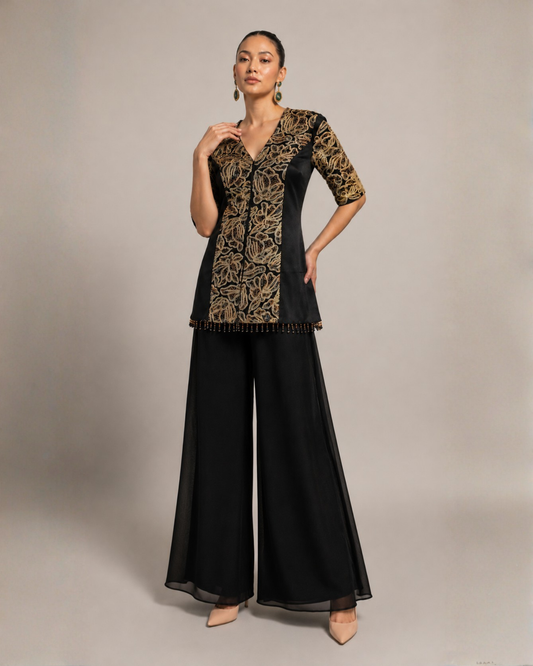 Black Embroidered Peplum Co-Ord Set