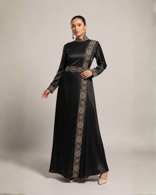 Black Embroidered Satin A-Line Maxi Dress