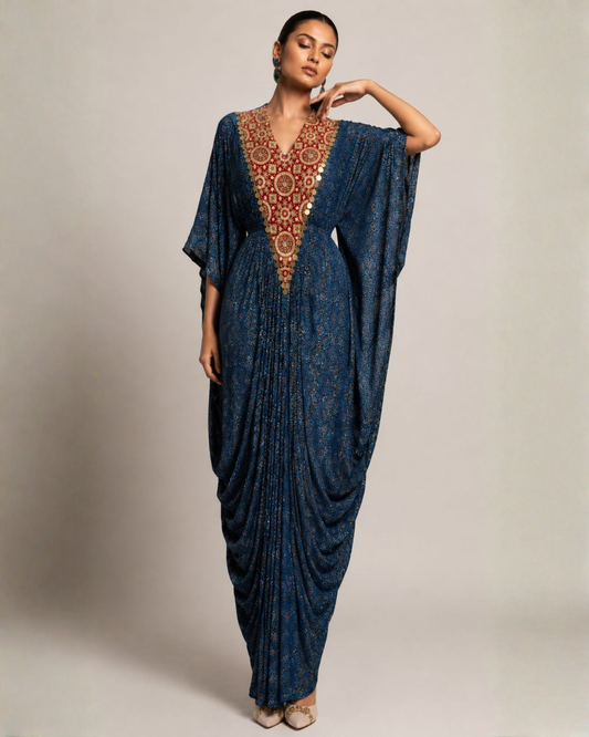 Blue Printed Draped Kaftan Co-ord Set with Embellished V-Neck
