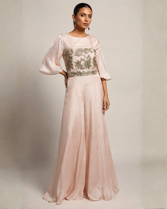 Blush Pink Embroidered Wide-Leg Jumpsuit