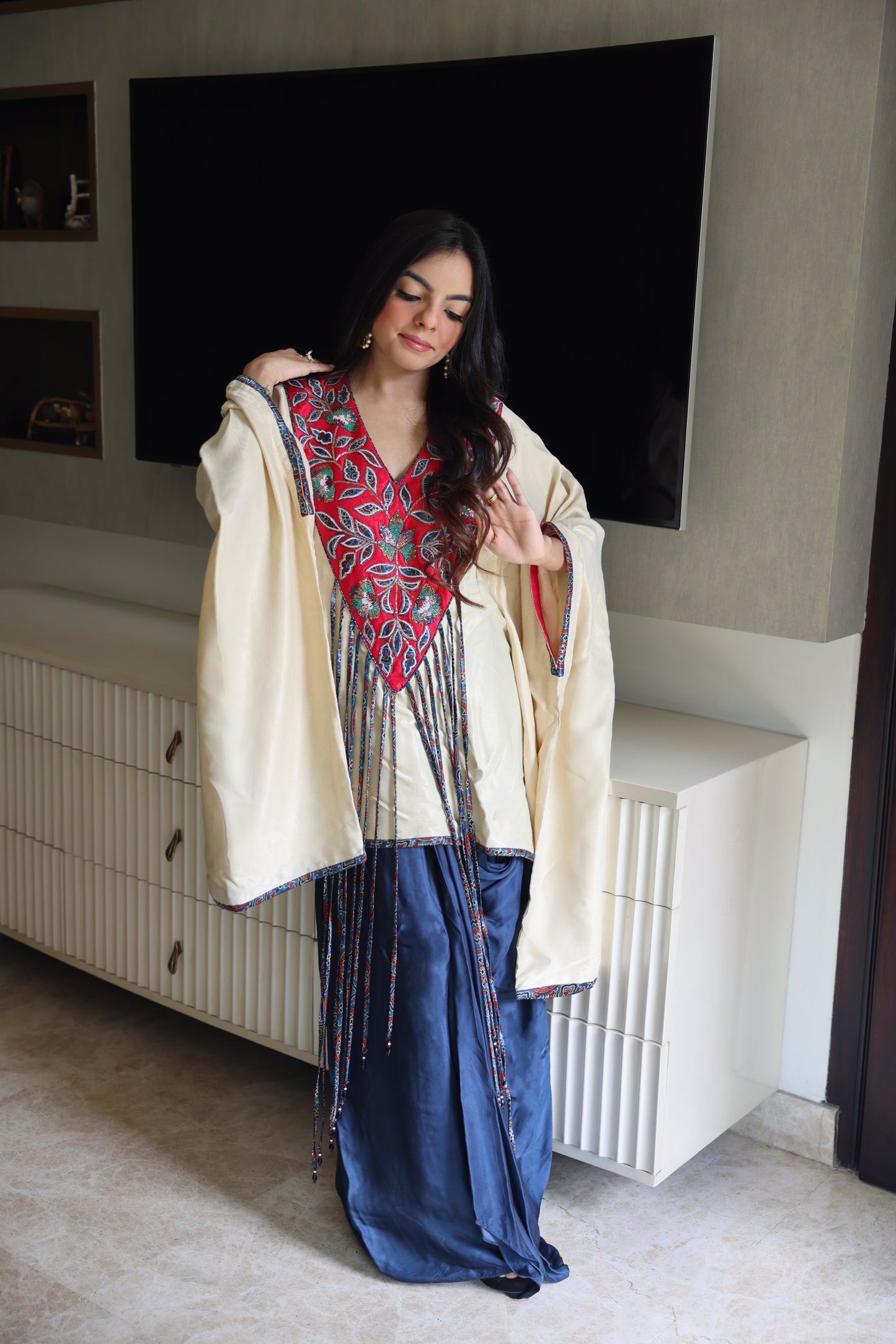 Tamanna Miglani in Beige Embellished Kaftan with Skirt
