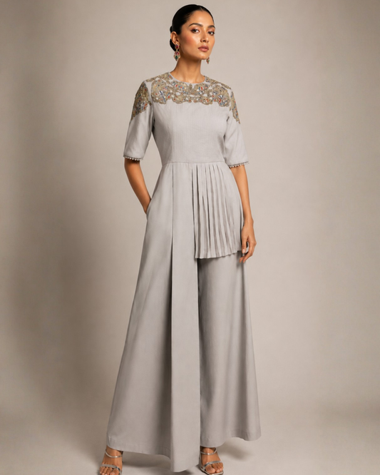 Celeste Blue Embroidered Pleated Co-Ord Set