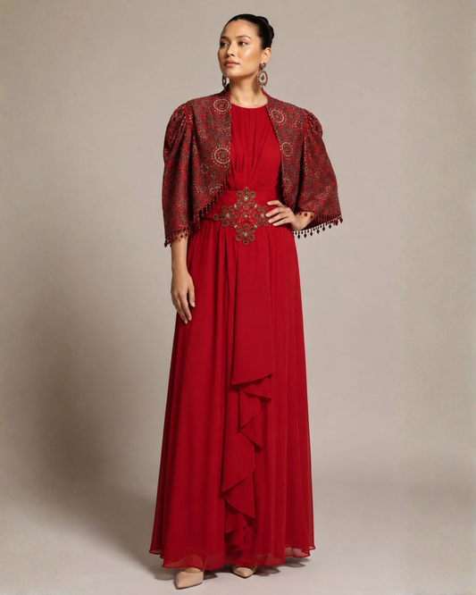 Crimson Royale Embellished Cape Gown