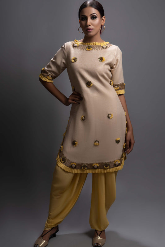 Beige Embellished Kurta & Yellow Dhoti Set