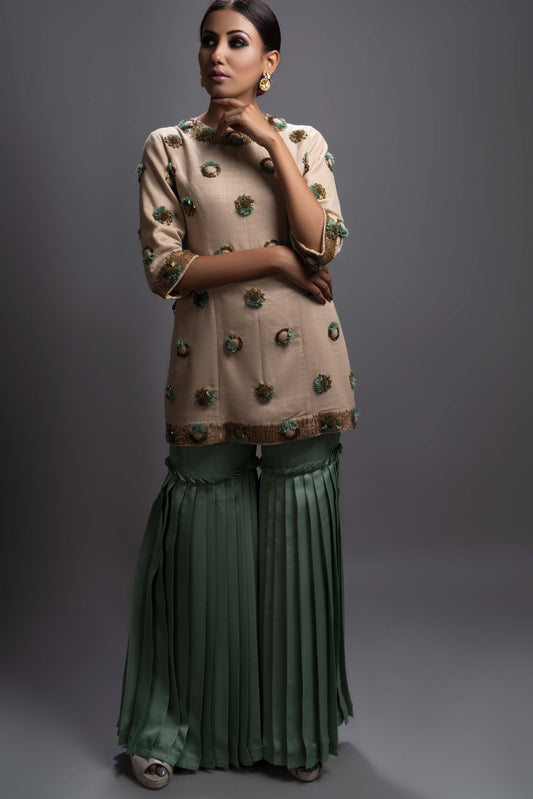 Beige & Green Embellished Gharara Set