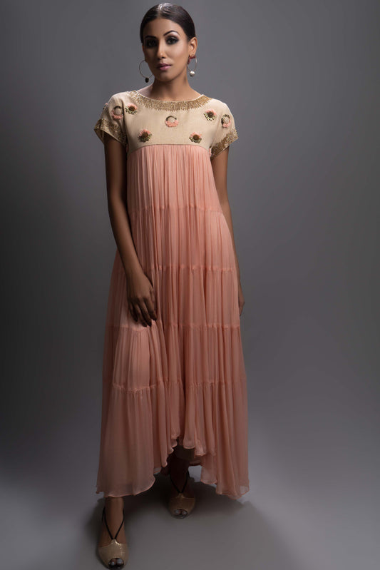 Embellished Peach Chiffon Tiered Dress