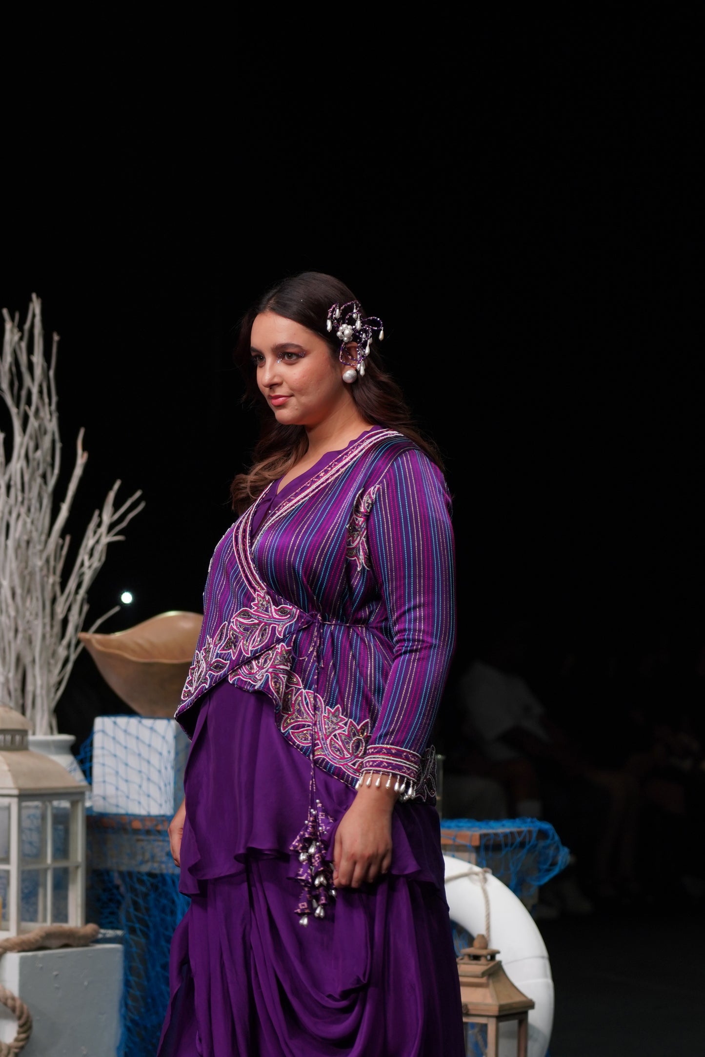 Dark Purple fully patchedworked angarkha  jacket with drape dhoti skirt
