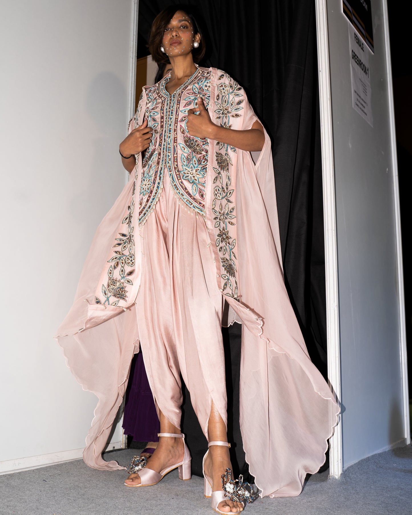 Peachy Pink ajrakh embellished jacket with cape dupatta and dhoti