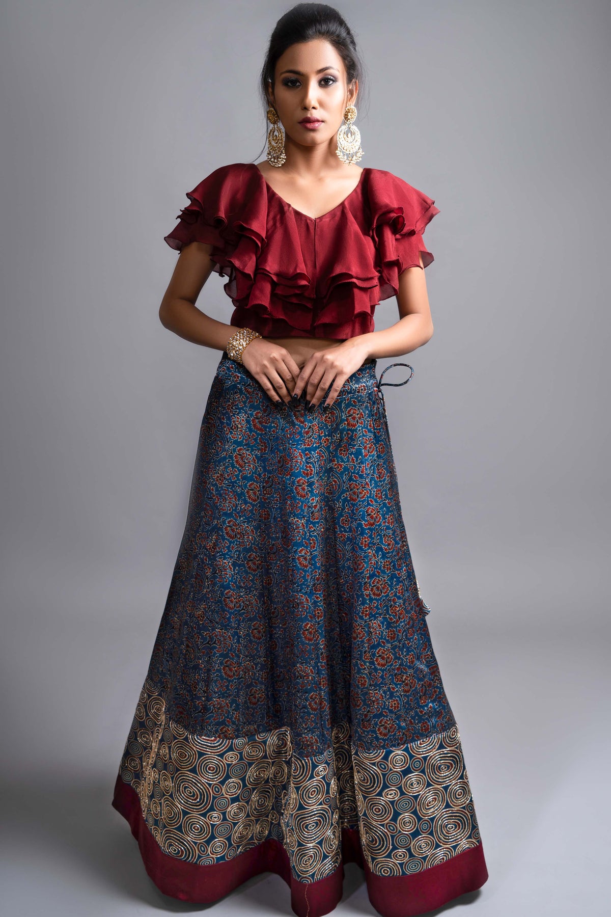 Cockscomb Lehenga with ruffled blouse and dupatta