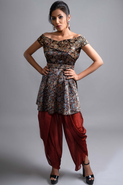 Oxblood Off shoulder Peplum tunic with dhoti