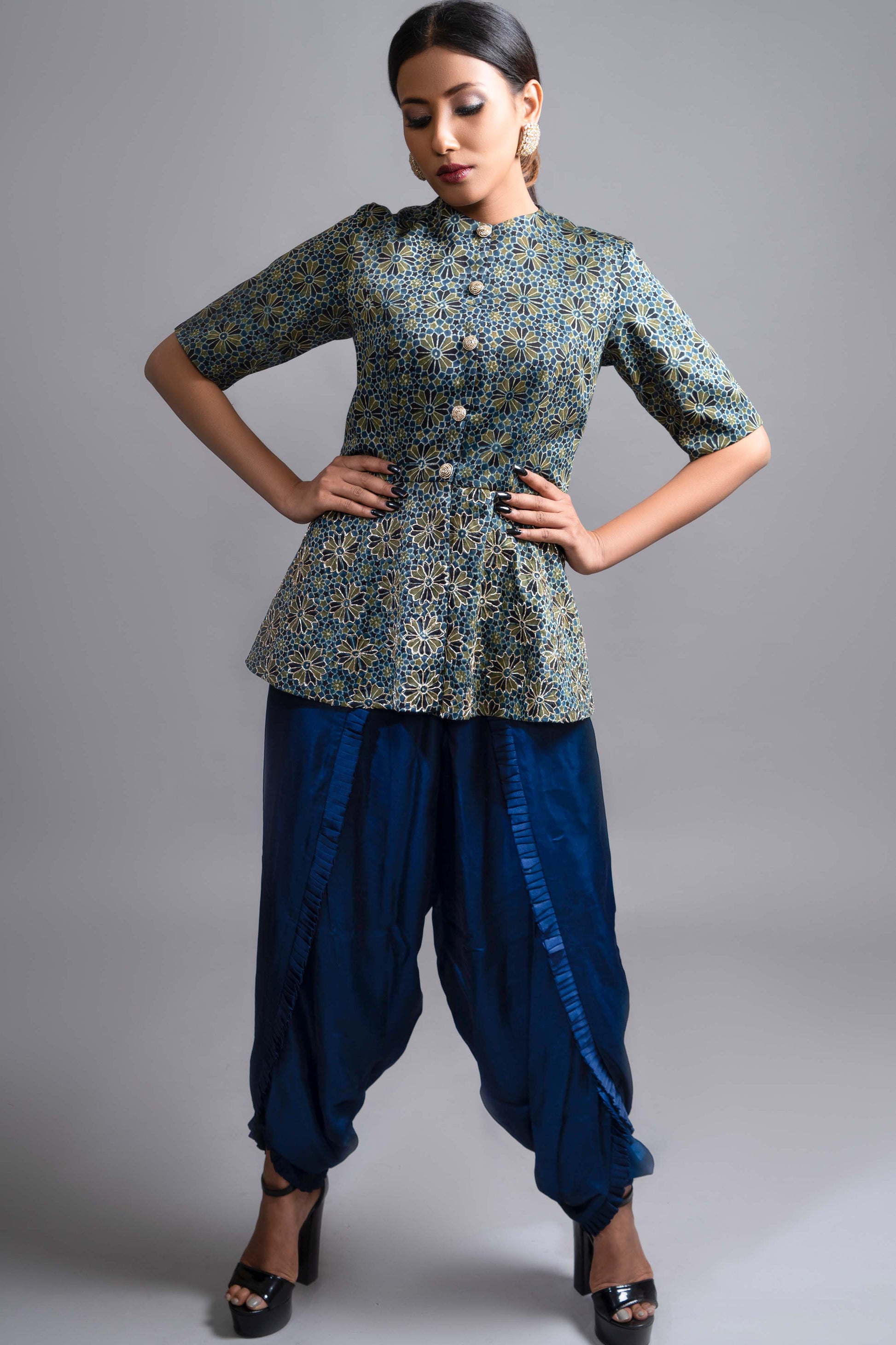 Celeste Blue peplum top with Dhoti – Sejal Kamdar Designs