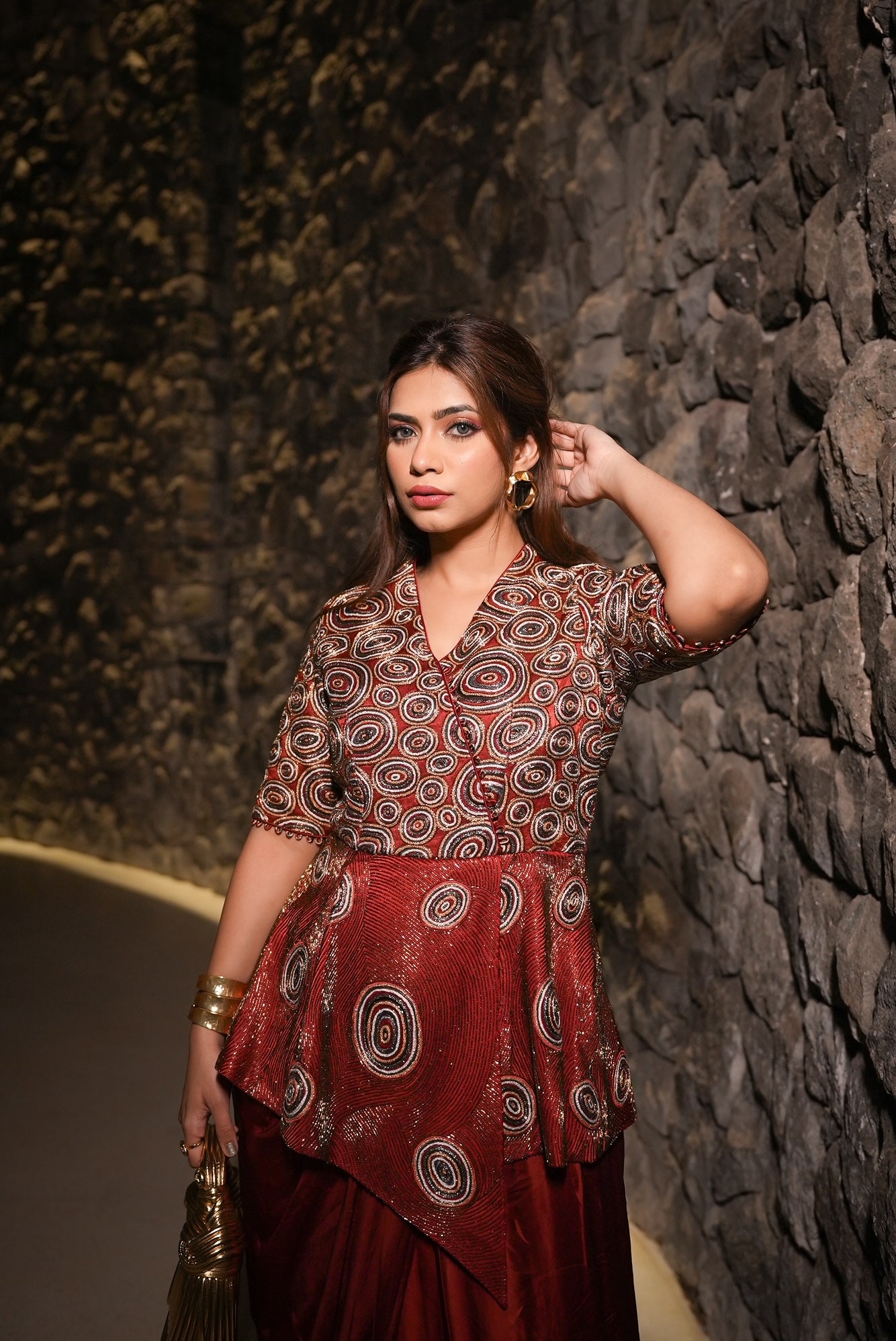 Nagma Mirajkar in Red Ajrakh drape dress
