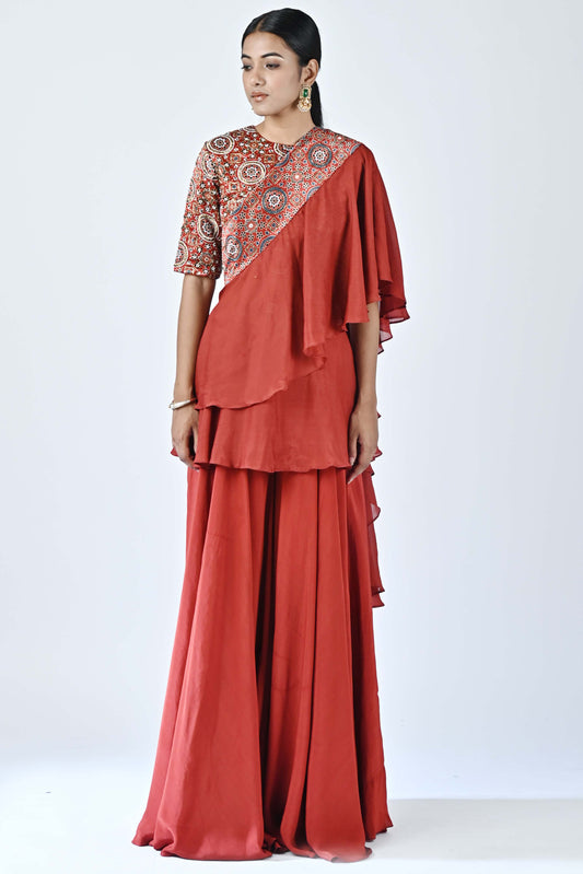 Red ajrakh blouse with ruffled dupatta and flare pants