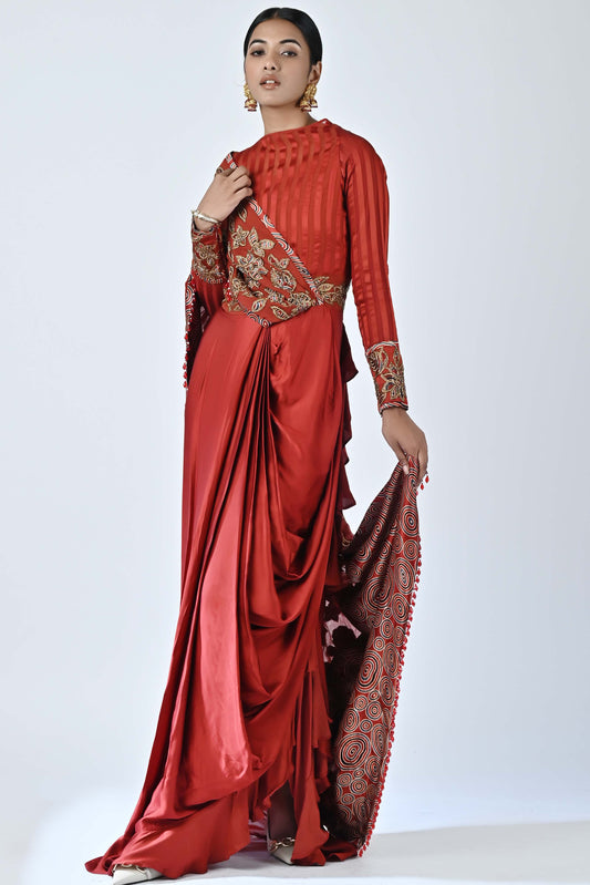 Red patchworked gown saree