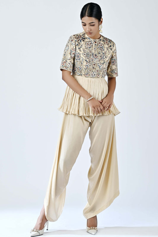 Beige Hand Embroidered Jumpsuit
