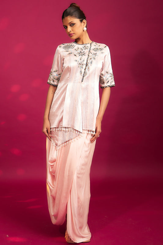 Peachy pink Embellished ajrakh jacket with drape dhoti skirt