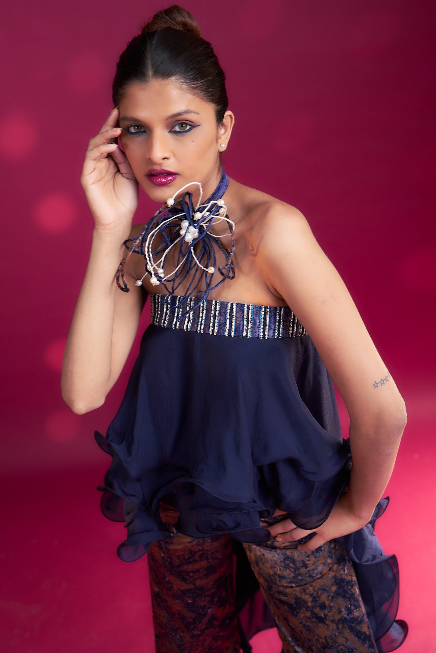 Deep blue embroidered ruffled top with ajrakh pants