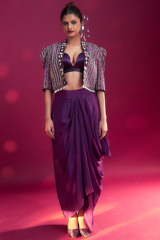 Dark purple Ajrakh embroidered jacket with bralette and dhoti skirt