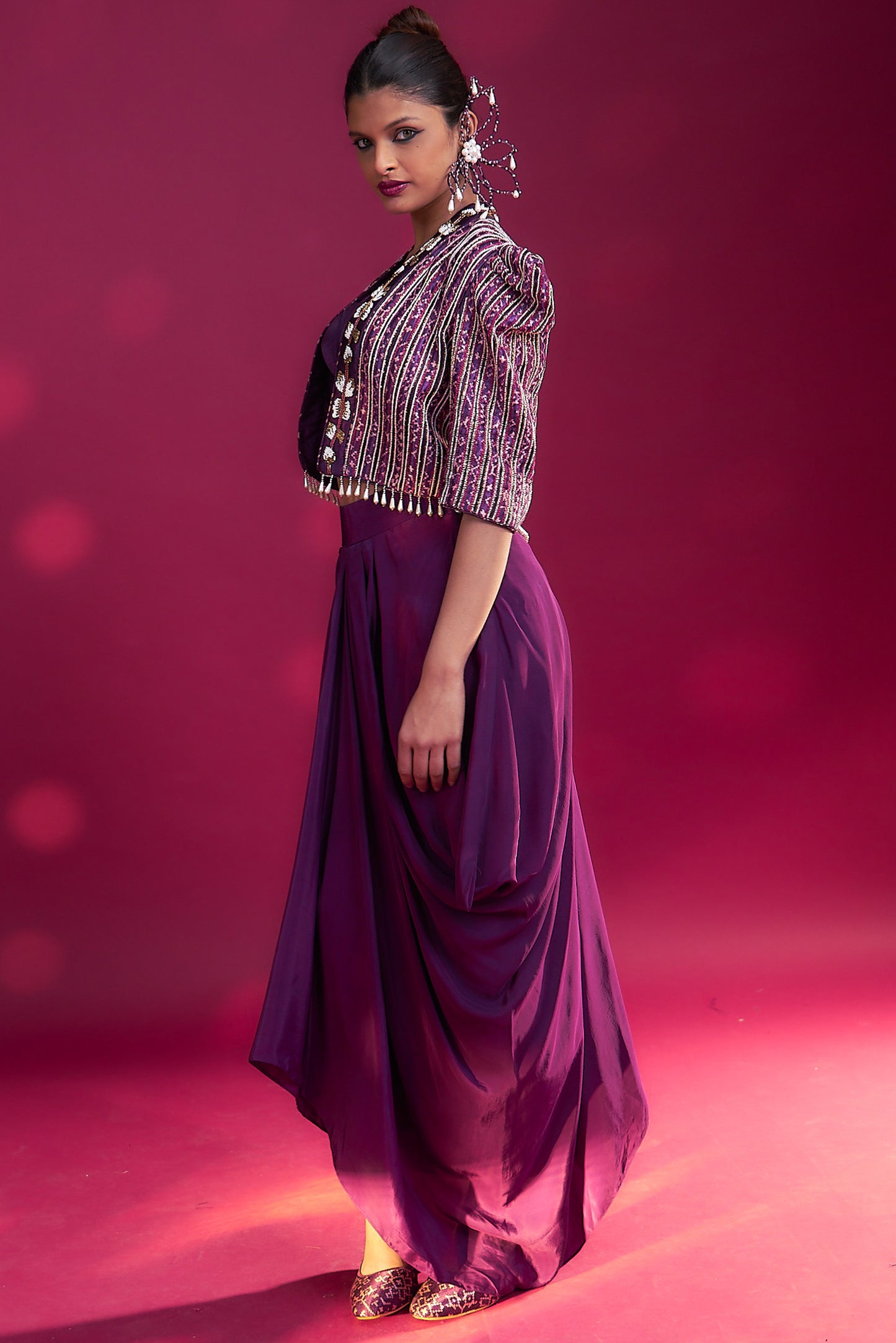 Dark purple Ajrakh embroidered jacket with bralette and dhoti skirt
